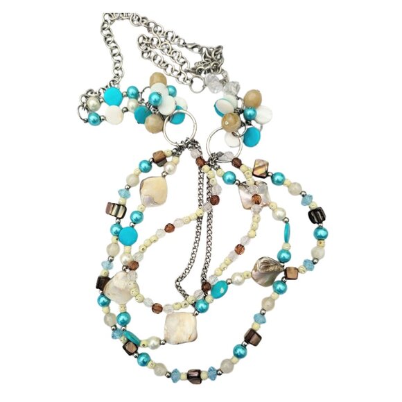 Mother Of Pearl Blue & White Beaded Oyster Shell Necklace 16" - Picture 9 of 10